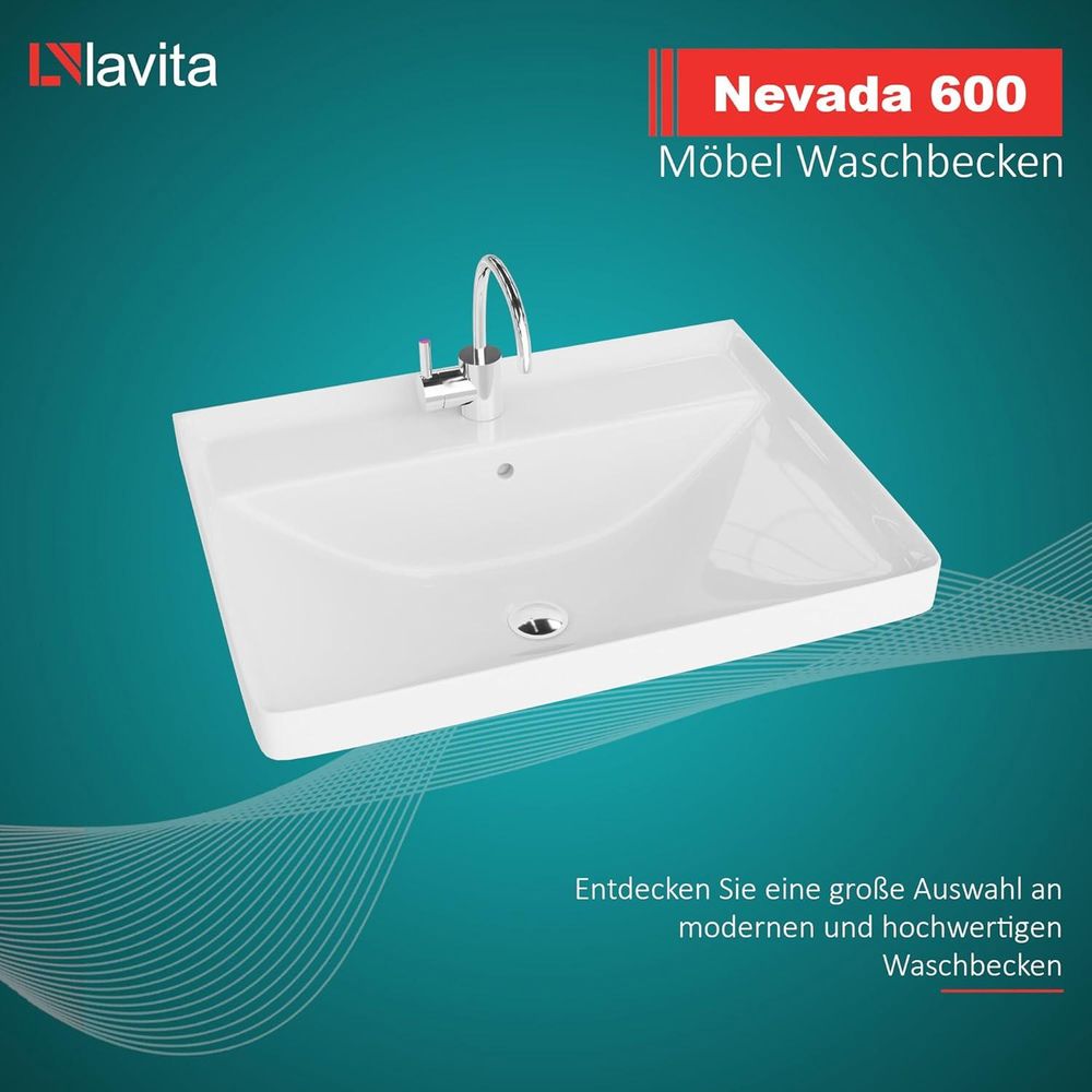 LAVITA Möbelwaschtisch Nevada 600 | Möbelwaschbecken | Waschbecken mit Überlauf und Hahnloch | Aus hochwertigem Porzellan | Waschtisch | 61x47x21 cm | Weiß Glanz