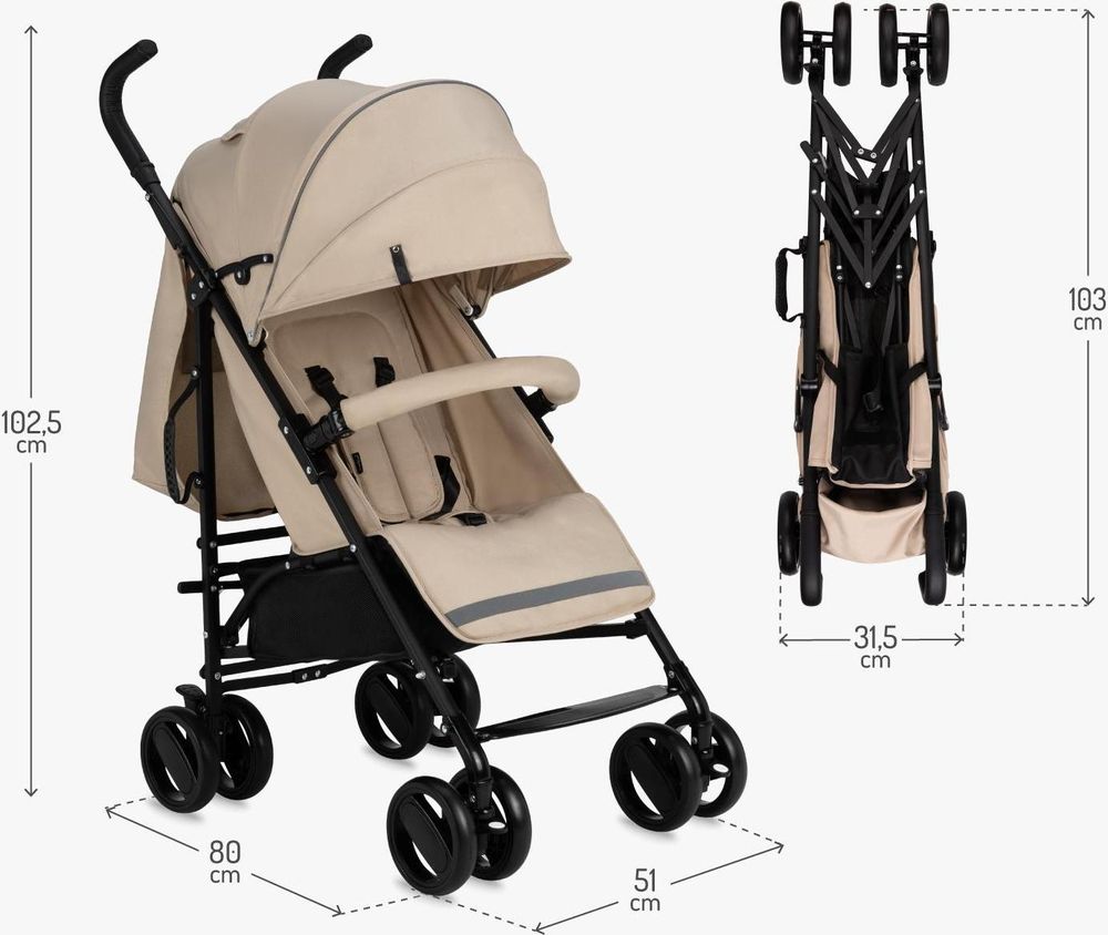 MoMi AKIRA Buggy Kinderwagen – Zusammenklappbar, Leicht 6,7 kg, Moskitonetz, Regenschutz, Korb, Tasche – Beige
