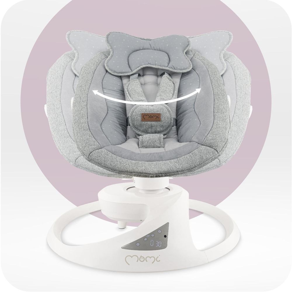 MoMi PEARL – Babywippe mit Bluetooth, 360° Sitzdrehung, 2 Modi, Nummern‑Panel – Grau