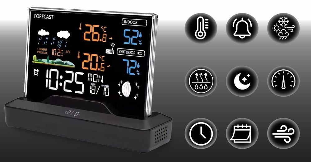 Funk-Wetterstation mit Außensensor und Wettervorhersage Innen und Außen Thermometer Luftfeuchtigkeit Reichweite 80m LCD Display Schwarz Retoo