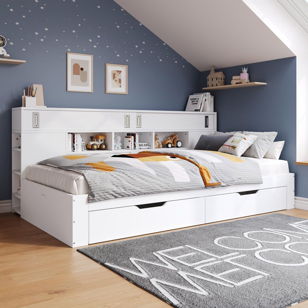STILVORA Schlafsofas 140x200 Multifunktionales Kinderbett, Einzelbett mit Schubladen und verstellbare Lagerregale,Doppelschubladendesign,ohne Matratze,weiß