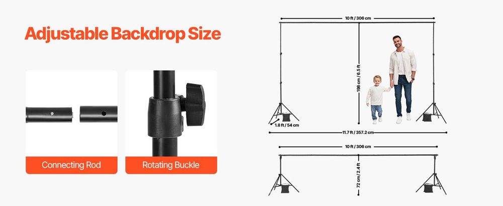 VEVOR Hintergrundständer, 10 x 10 ft verstellbarer Fotohintergrundständer-Kit, tragbarer Hintergrundständer mit 4 Querträgern, robuster Projektorleinwandständer, für Hochzeit, Foto-Video-Studio & Party, Doppelstativ-c, 198x300 cm