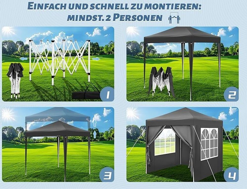 WOLTU Pavillon 2x2 m, mit 4 Seitenwänden, Partyzelt wasserabweisend UV-Schutz 50+, Anthrazit, Anthrazit