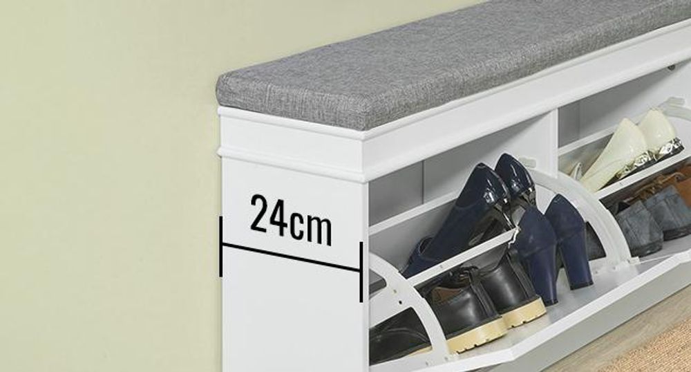 SoBuy Schuhbank mit Sitzfläche Sitzbank mit Stauraum und 2 Klappen schmaler Schuhschrank Schuhregal platzsparend Schuhablage für Flur Weiß FSR64-W