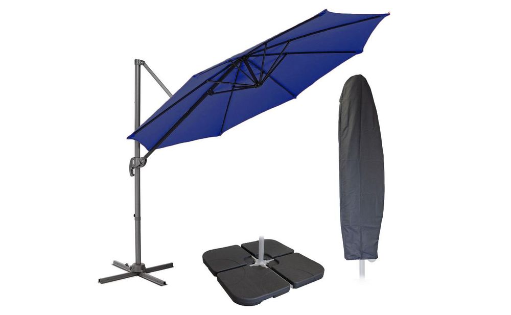 Sonnenschirm mit Abdeckhaube und Sonnenschirmständer