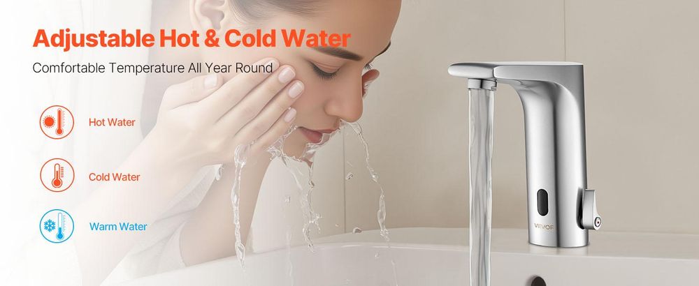 VEVOR Berührungslose Badezimmer-Wasserhahn, Automatischer Bewegungssensor-WC-Wasserhahn mit Lochabdeckplatte, Batteriebetrieben, Einstellbare Temperatur für 9,5 mm Rohr Gewerblicher Waschbecken, Matt Schwarz, Dual Control-i, Quadratischer Kopf L-Form