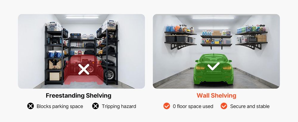 VEVOR 2-stufige Schwerlast-Wandregale für die Garage, 50 x 122 cm Stahl Wandmontierte Regaleinheit, 500 x 1219 mm pro Regal Schwimmendes Lagerregal aus Metall für die Garage mit 254 kg Gesamttragfähigkeit, Schwarz, 20x48 Zoll