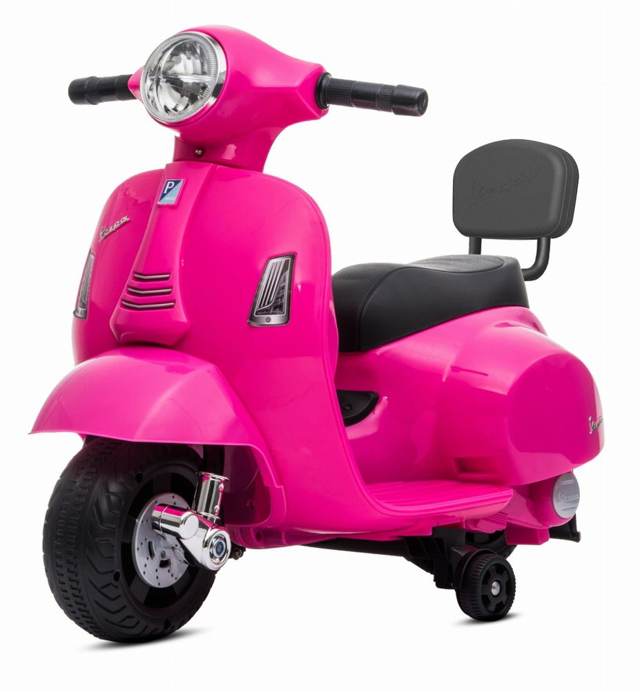 Pinkes Kinder-Elektromotorrad Vespa Mini von vorne schräg fotografiert