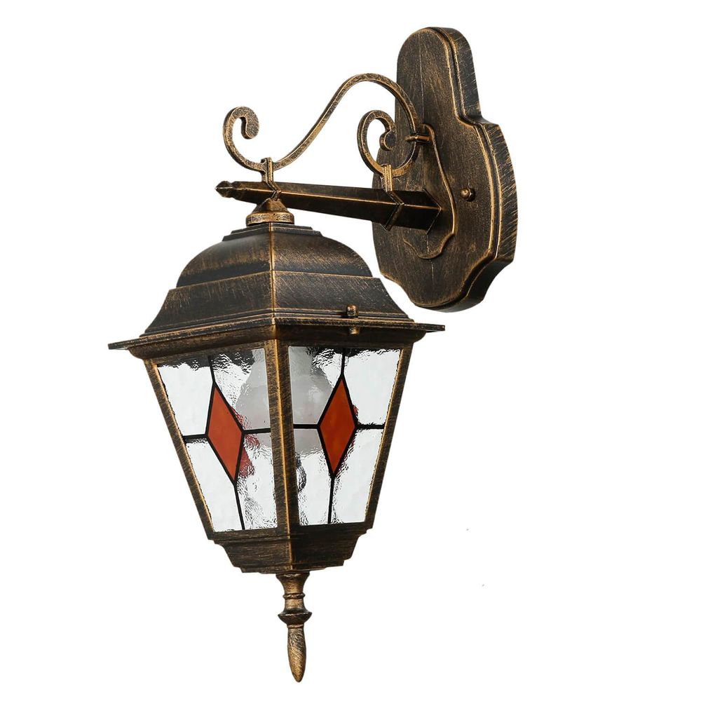 Außenwandleuchte im antiken Kupfer-Look mit dekorativem Buntglas und nostalgischem Laternen-Design