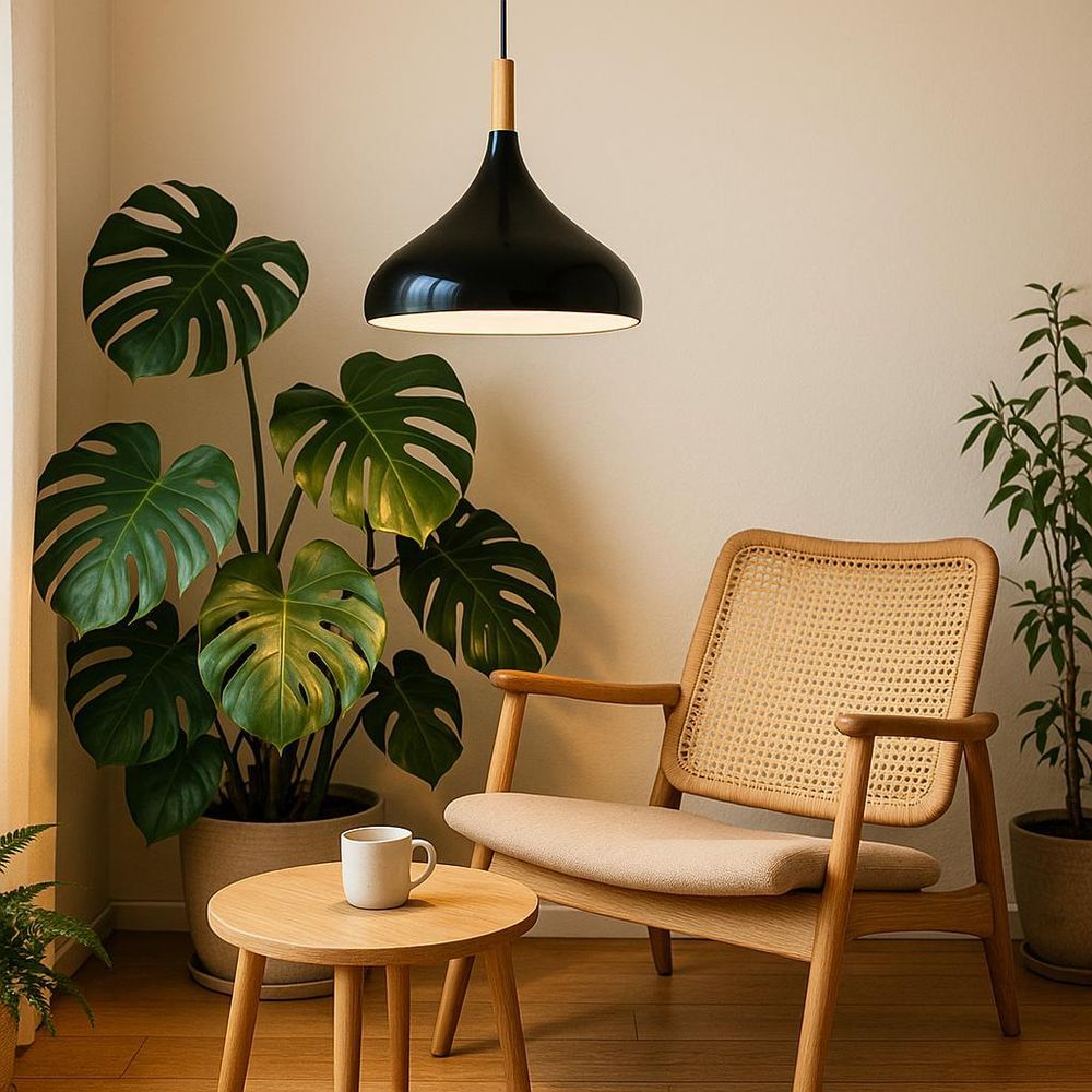 MasterLED Pendelleuchte 1-flammig – Schwarz-Holz – E27 – pendelleuchte esszimmer, küche, pendelleuchte holz skandinavisch, hängelampe – Miko