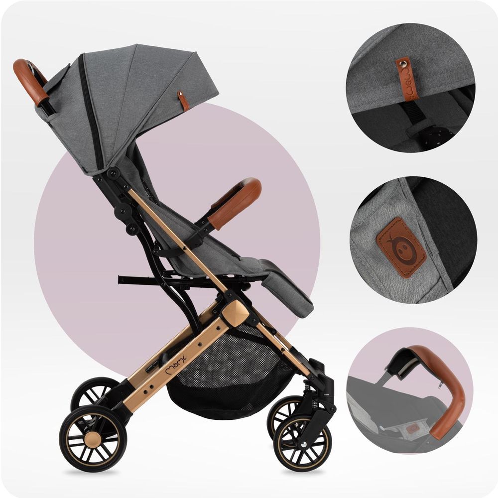 MoMi ESTELLE Buggy Kinderwagen - Leicht, Stoßdämpfung 4 Räder, Koffer - Grau-Gold