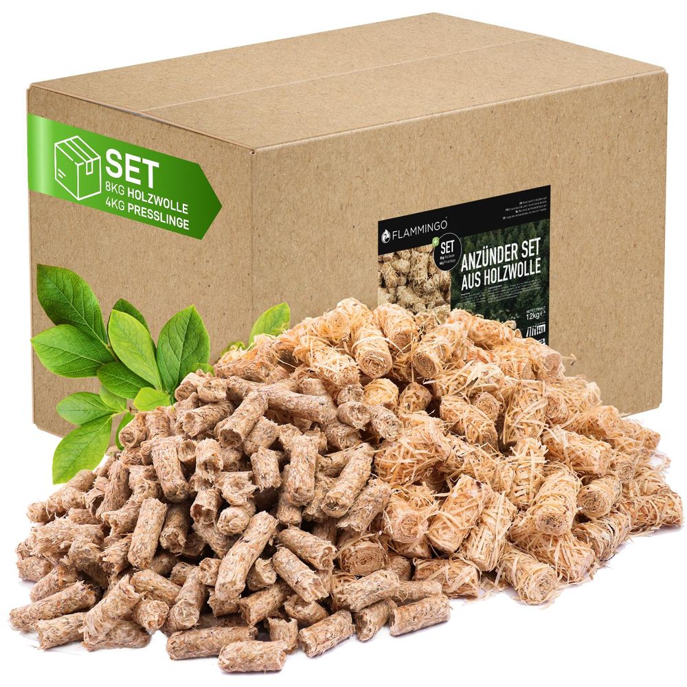 Flammingo® 12 kg Kamin-Anzünder Set, bestehend aus 8kg Holzwolleanzünder und 4kg Anzündsticks - aus Holzwolle und Wachs, ideal für Kamin, Ofen, Grill UVM.