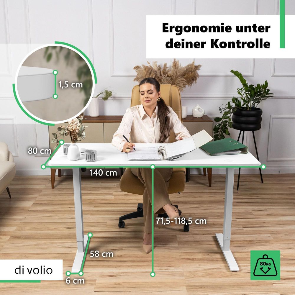di volio Höhenverstellbarer Schreibtisch Rapalo - weiß, 140 x 80 cm, Computertisch fürs Home-Office, elektrischer Bürotisch bis 80 kg belastbar