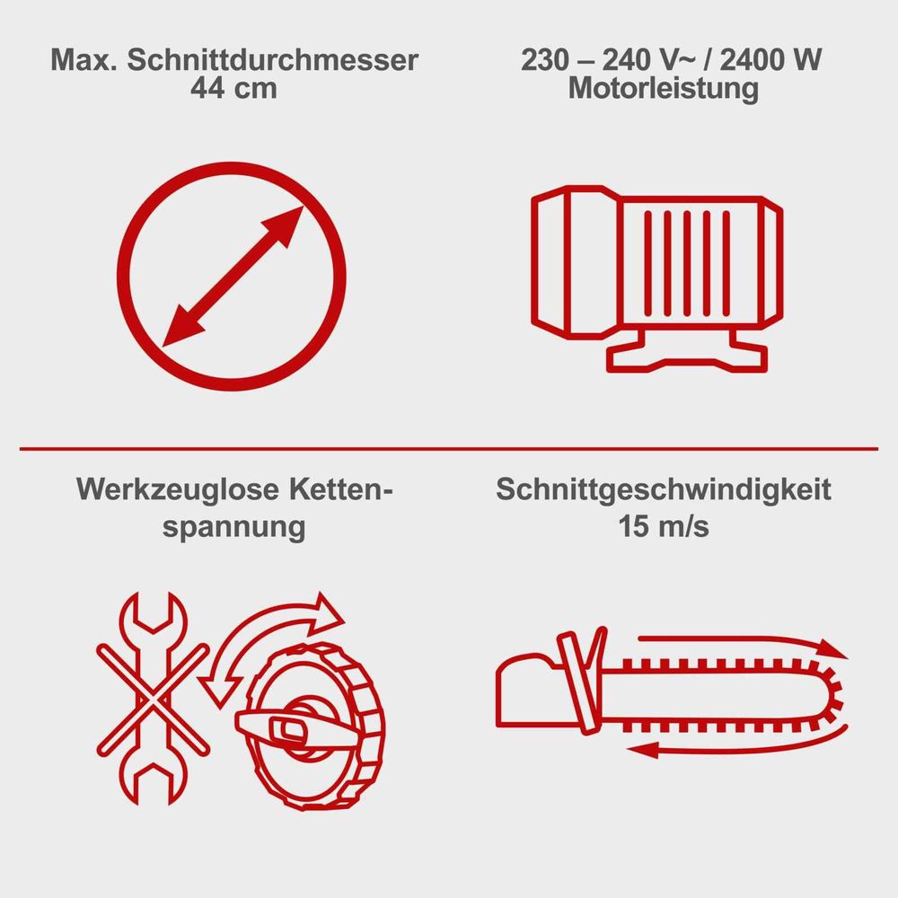 Das Bild zeigt die Leistungsdaten der Kettensäge.