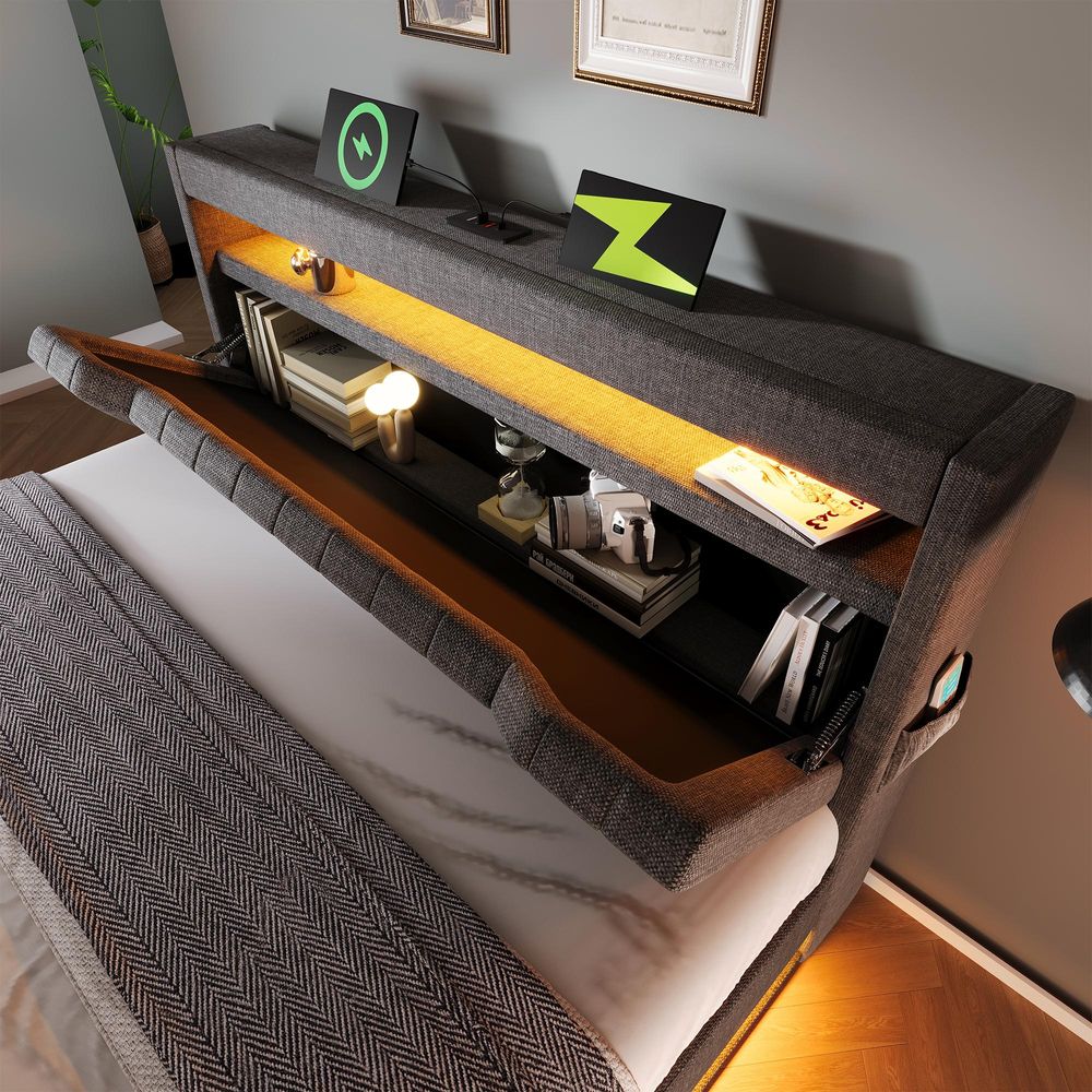 Flieks Polsterbett 140x190cm mit Ladefunktion (USB & Type-C), Doppelbett Jugendbett mit Led, Stauraumbett Boxspringbett mit Stauraum, Leinen, Grau