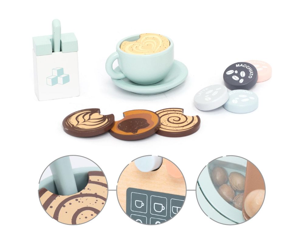 Funktionsdetails der UMU Holz-Kaffeemaschine mit Bohnenmühle, Reglern, Latte Art und Kaffeekapseln
