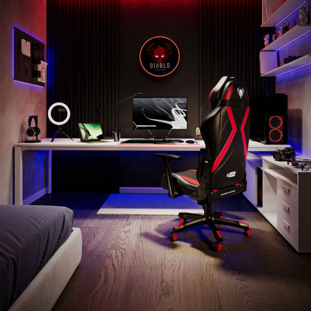 Krzesło gamingowe Diablo X-Horn Krzesło biurowe Krzesło do biurka Podłokietniki 3D Ergonomiczna poduszka pod kark/lędźwie Funkcja bujania Kolor: Czarno-czerwony, Rozmiar Mały