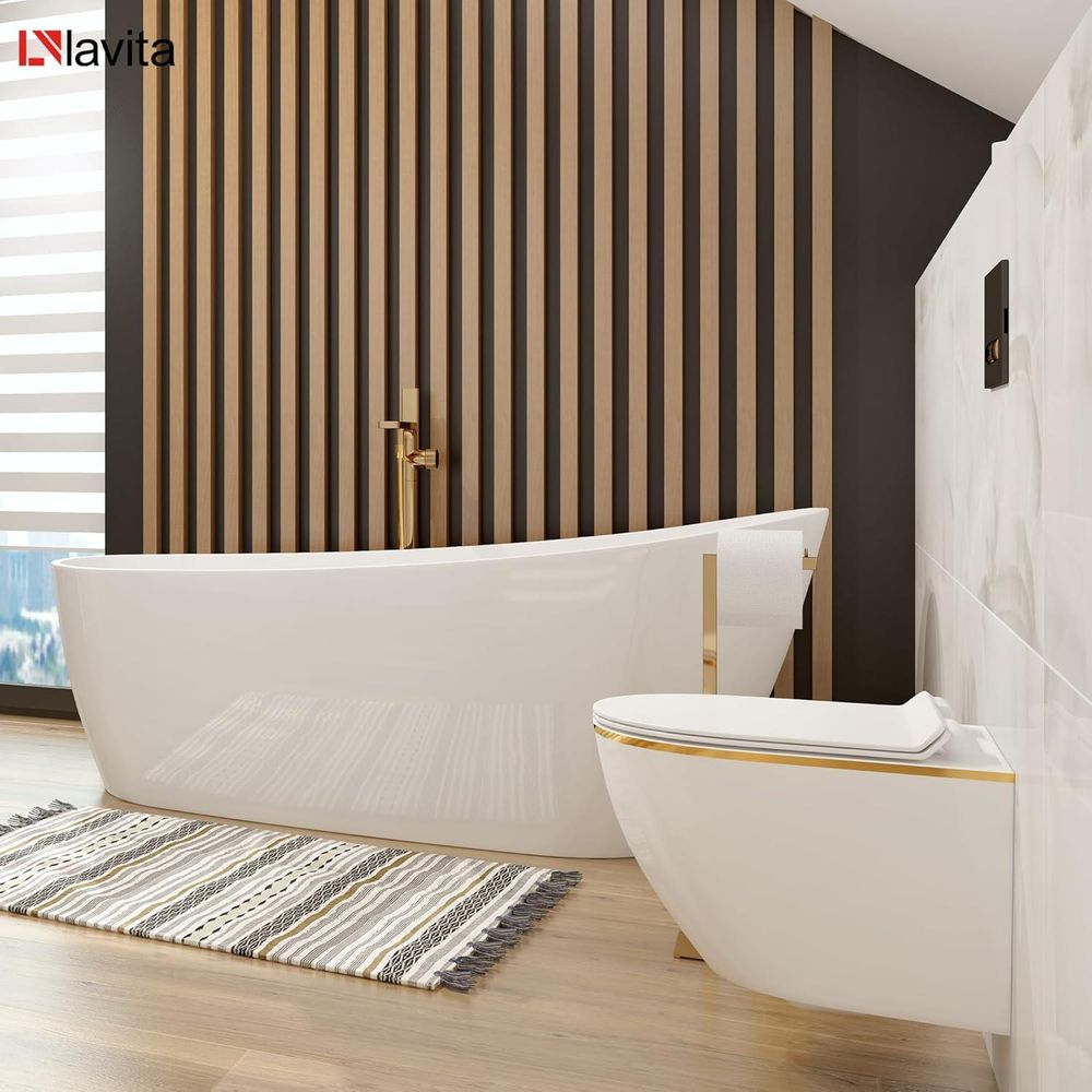 LAVITA Wand-WC Sofi Slim Gold Line|Hänge Toilette |mit Absenkautomatik & Metallscharniere | Toiletten Spülrandlos Hängend| Toilettenbecken | Weiß/Gold