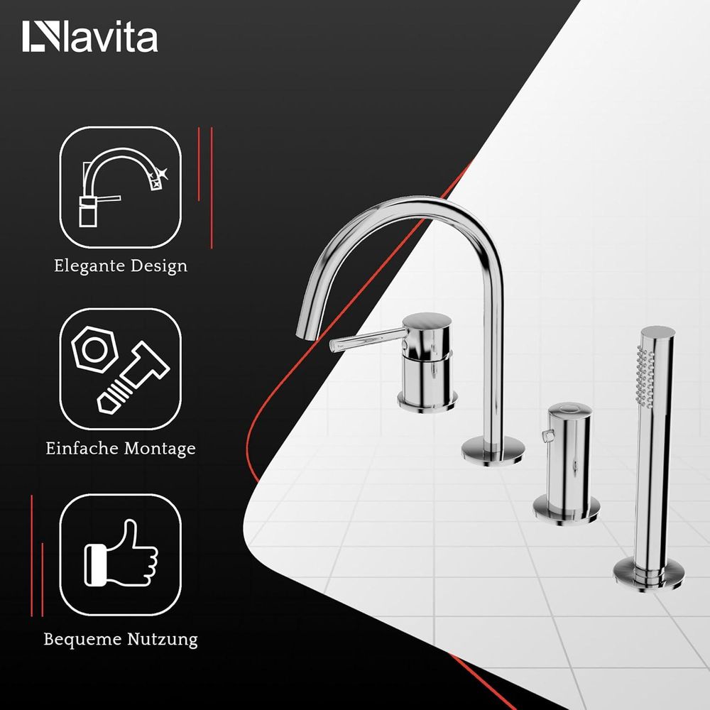 Lavita Orion 4-Loch Badewannenarmatur in Chrom | Wannenbatterie | Wasserhahn Bad s Design Armatur