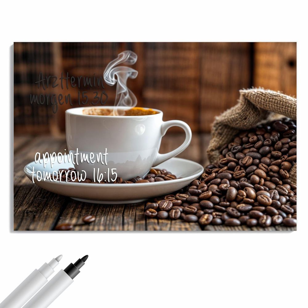 Metall-Magnettafel Dampfende Tasse Kaffee, mit Boardmarker beschrieben