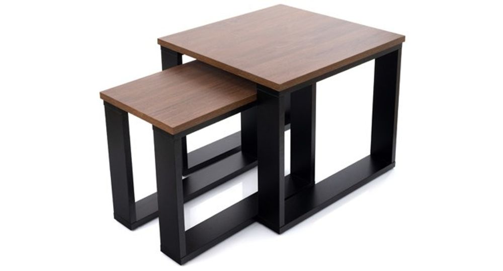 Lehmann Couchtisch 2er Set in 2 Größen für das Wohnzimmer, mit Holzplatte und schwarzem Gestell