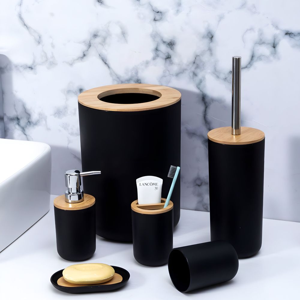 Badezimmer Set 6-tlg  Bambus Bad Zubehörset Toilettenset Lotionspender Mülleimer Zahnbürstenhalter Zahnputzbecher Toilettenbürste Seifenschale Retoo