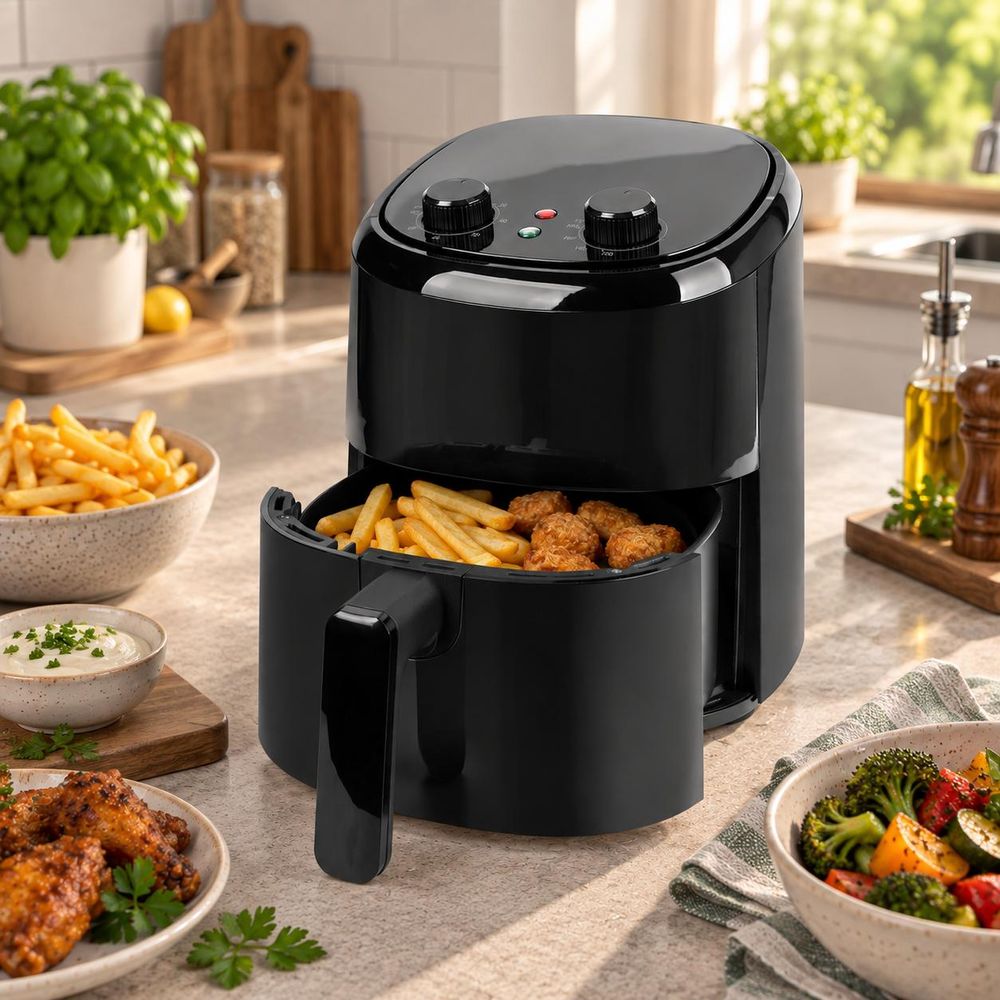 Schwarze Heißluftfritteuse mit zwei Drehreglern und offenem Korb voller Pommes und Snacks.