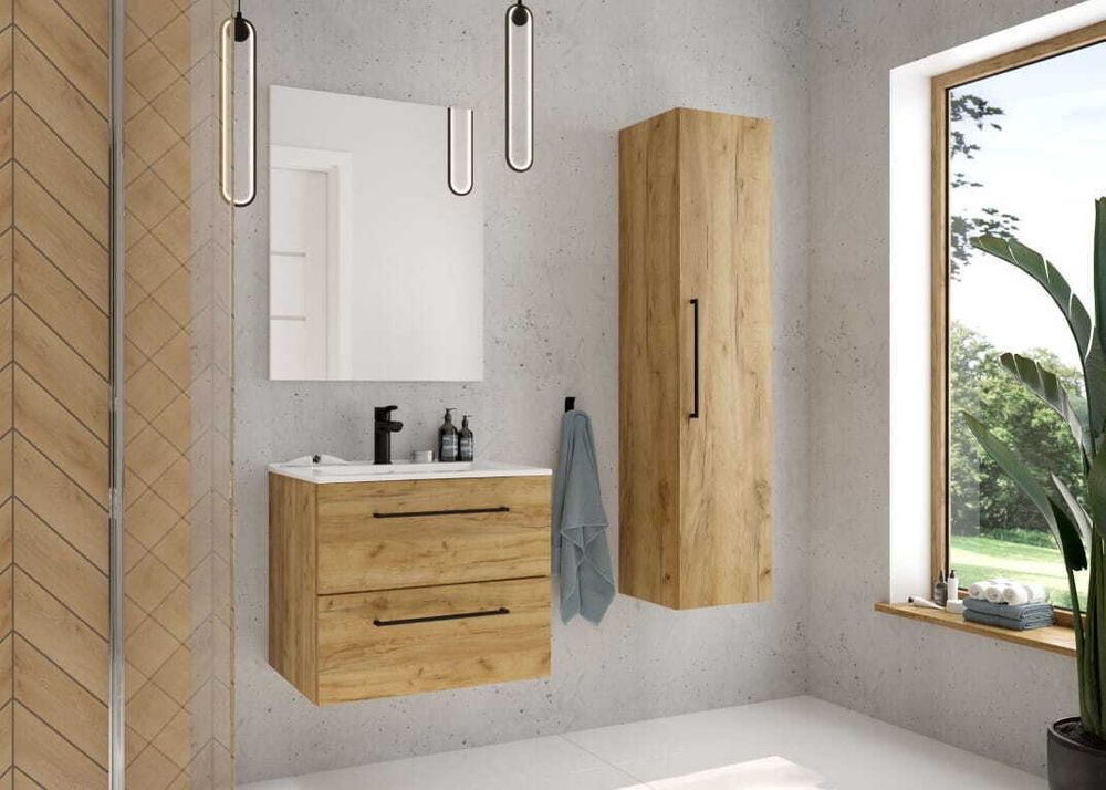 Domodomo Badezimmerschrank mit Waschbecken, 50 x 50 x 46,5 cm Eiche Unterschrank für Waschbecken,Hängeschrank für Badezimmer - Keramik-Waschbecken-Set