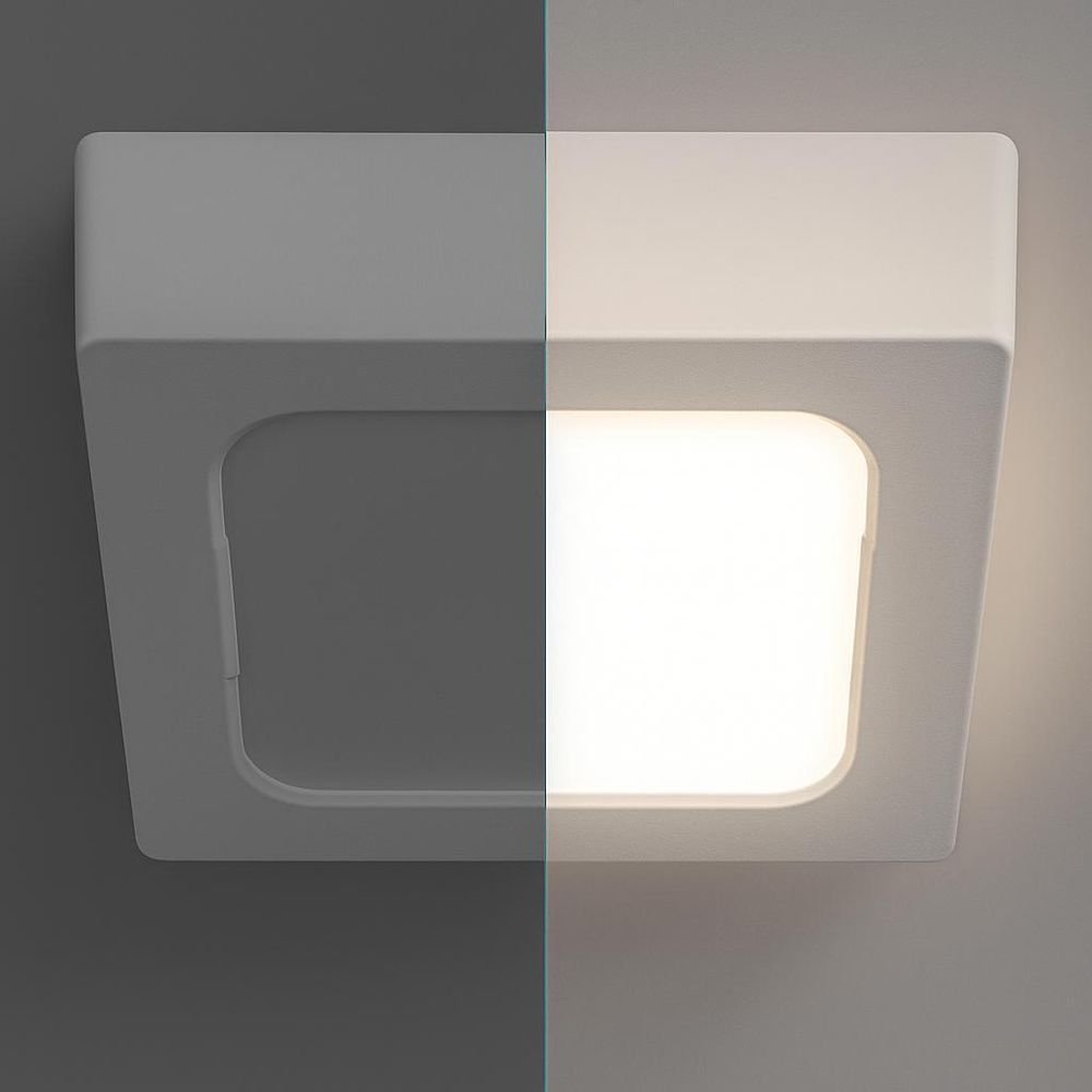 Quadratische LED-Deckenleuchte in Weiß, halb ausgeschaltet und halb eingeschaltet dargestellt.