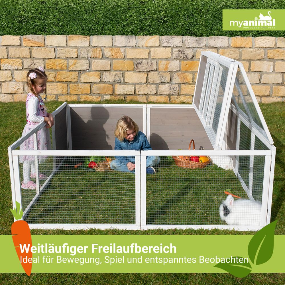 MyAnimal Freilaufgehege MH-06 | Wetterfest & Winterfest - Hasen Kaninchen Stall - Freigehege - Kleintier Stall - mit Unterstand - Faltbar - XXL (Grau)