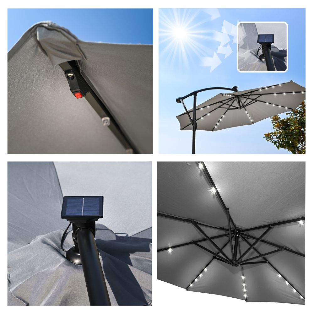 Parasol ogrodowy LEHMANN FLASH z lampkami solarnymi, składany 350 cm średnicy, kolor szary, mozliwość regulacji konta nachylenia, z pokrowcem