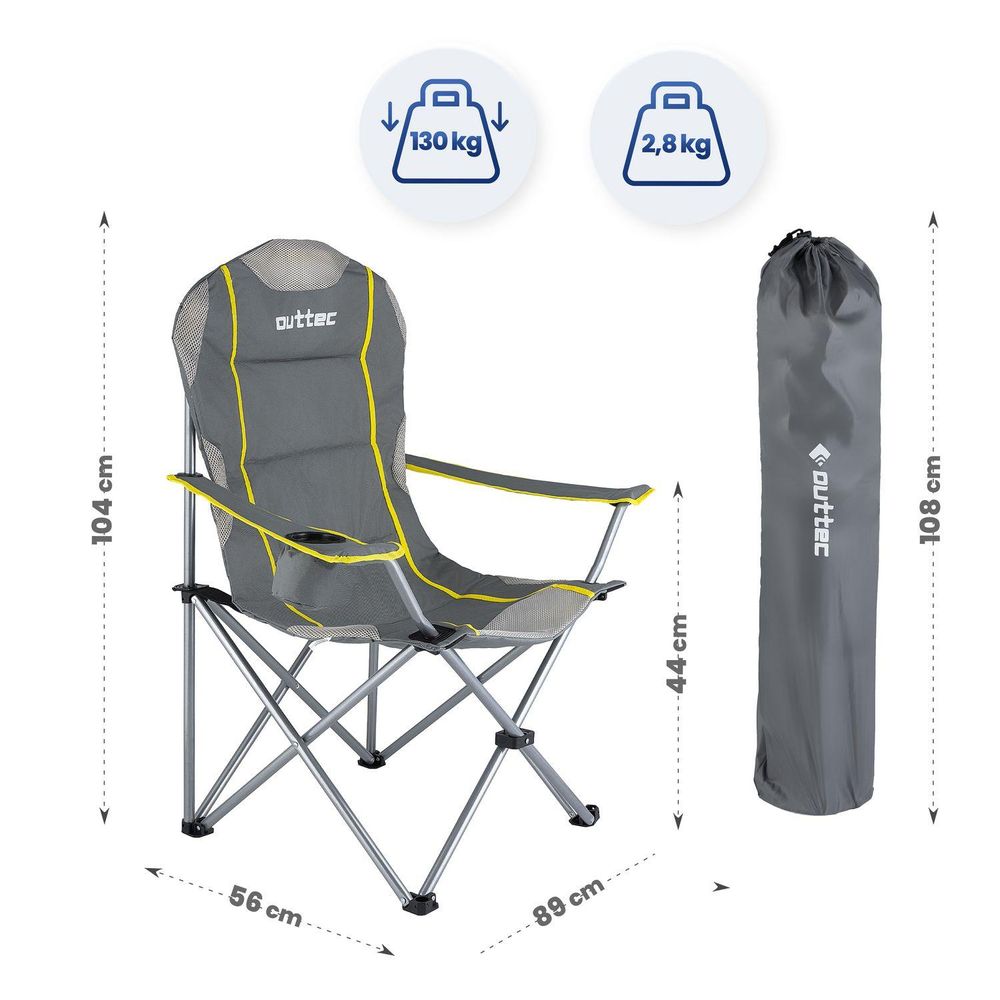 Maße des Outtec Campingstuhls: 104x56x89 cm, 2,8 kg Gewicht, 130 kg Belastung