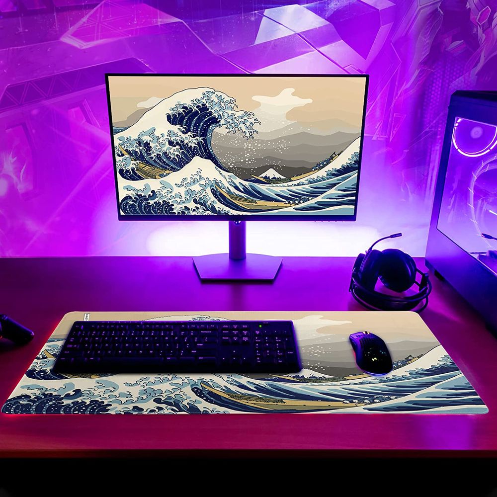 Mauspad XXL Gaming 900x400 mm Groß Tischunterlage Large Size Spezielle Oberfläche Schreibtischunterlage Verbessert Präzision Japanische Welle vor Kanagawa Retoo
