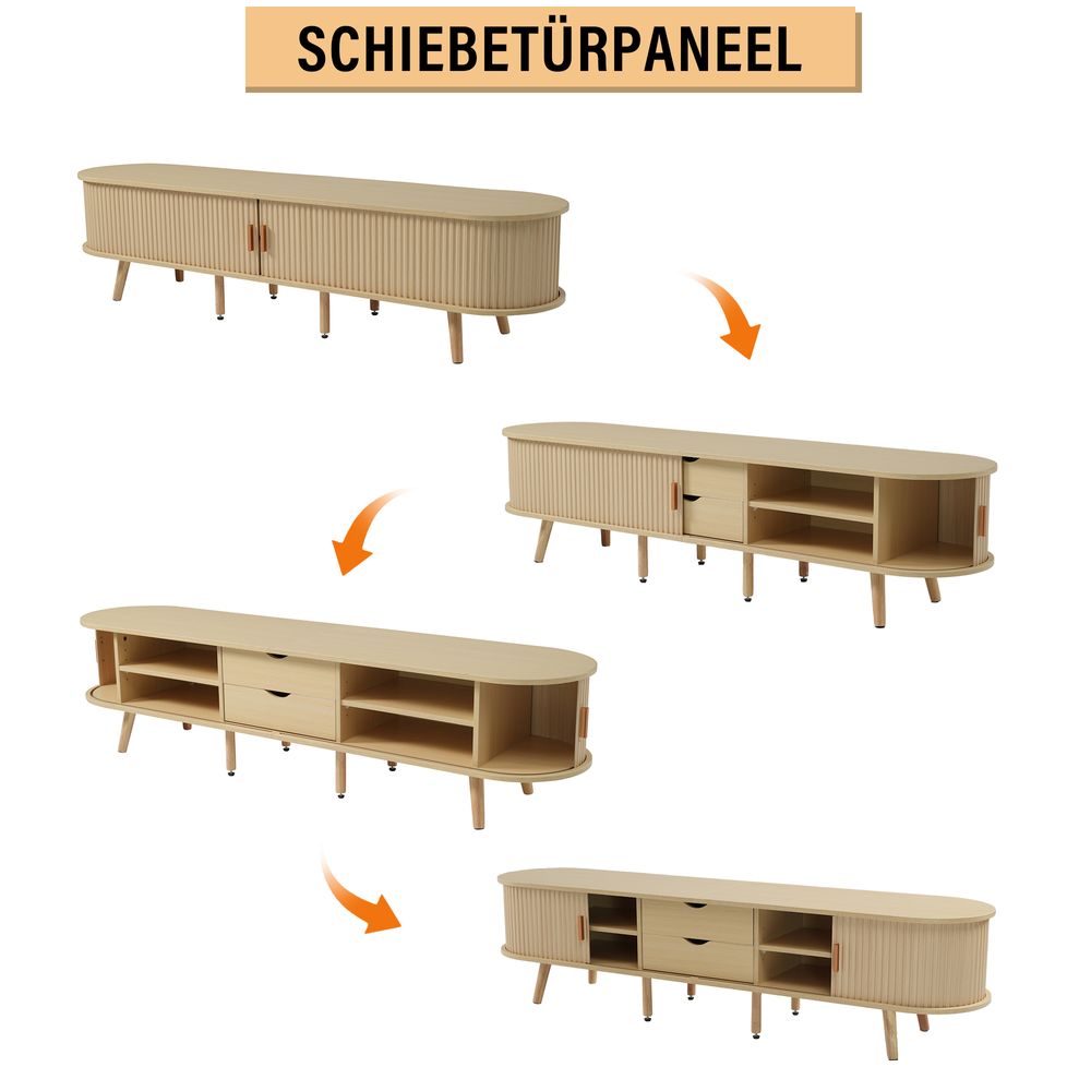 okwish TV-Schrank,Sideboard，Lowboard，TV-Ständer，Aufbewahrungsmöbel，Schrank mit Stauraum ，Ovaler Tischplatte，Kommode  mit Schubladen，Helles Walnussholz