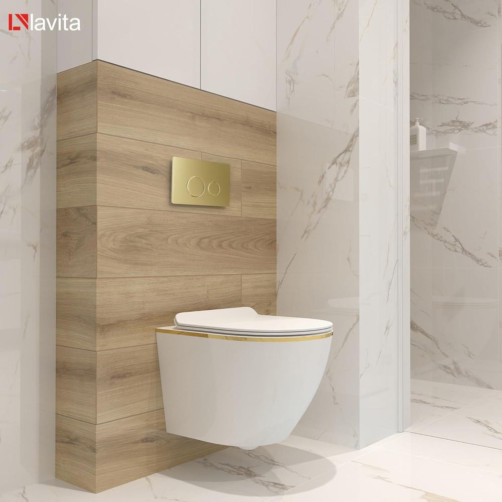 Lavita LAV 101 Vorwandelement für WC 40cm + Wand Hänge Tiefspül WC SOFI SLIM GOLD LINE Spülrandlos + Bedienplatte LAV 200.4.5 Gold | Komplettset | Unterputz Spülkasten | Toilette Komplett Sett