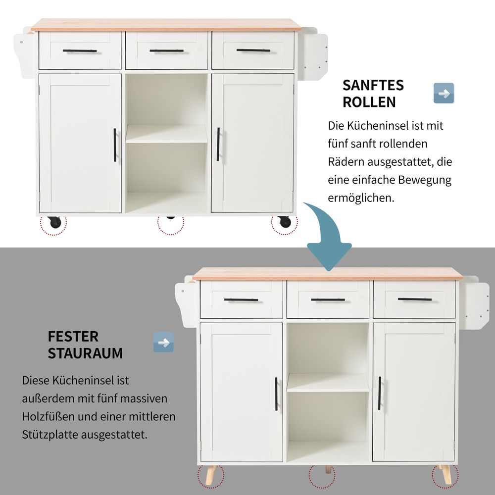 Flieks Servierwagen Kücheninsel Küchenschrank mit 3 Schubladen, Speisewagen mit Erweiterbarer Arbeitsplatte, Kücheinselwagen Küchentrolley, Weiß