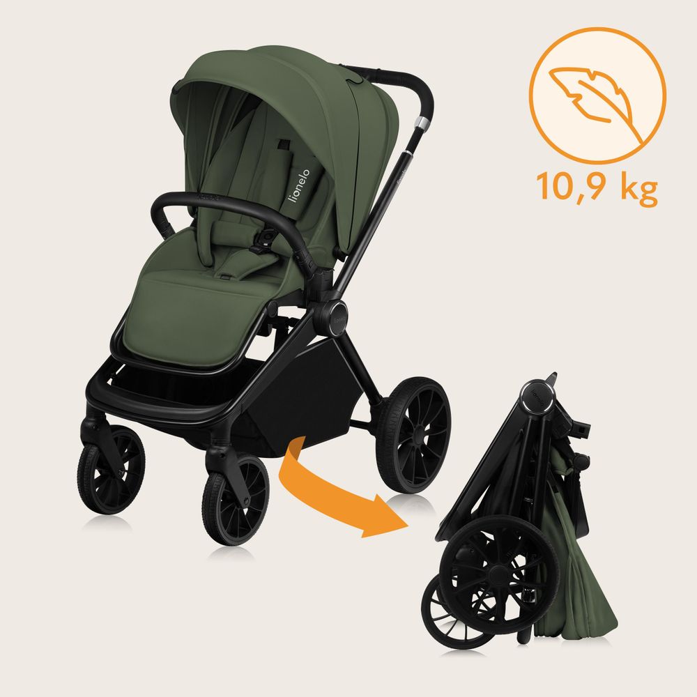 Lionelo Mika Plus Universal-Buggy bis zu 22kg Hohe Manövrierfähigkeit XXL-Verdeck mit UPF50+ Grüne Olive