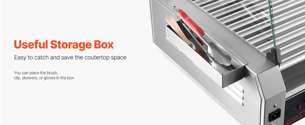 VEVOR Hot Dog Grill Maschine Hot dogs 11 Rollen Edelstahl, 2200 W, Elektrogrill mit Abdeckung & 2 Temperaturregler & seitlicher Aufbewahrungsbox