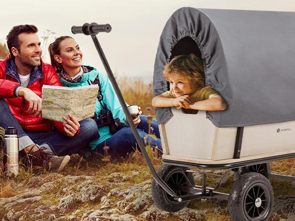 Miweba Holz Bollerwagen Canvas | Mit Dach abnehmbar - Handwagen - Gartenwagen - Offroad - Camping - Strand - Robust - Wände abnehmbar (Grau/Holz)