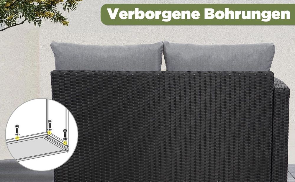 MEXO Gartenmöbel-sets Terrassenmöbel Set, Rattan Eckbänke mit Esstisch für 6-9 Personen, Dining Lounge set outdoor wetterfest, Wintergarten schwarz