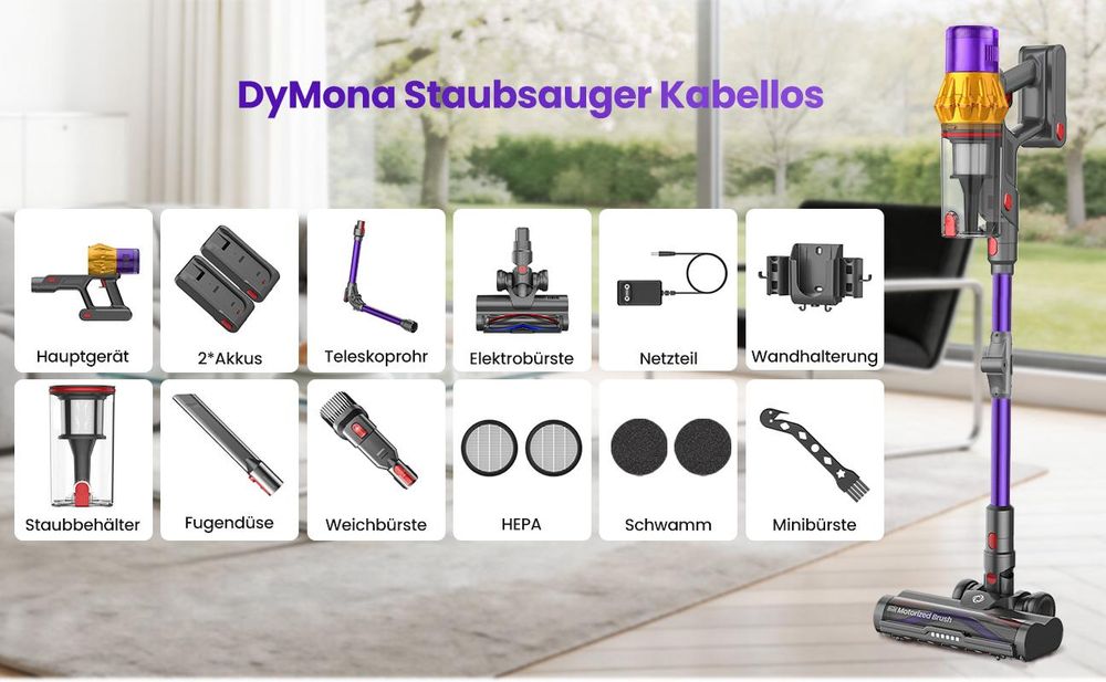 Akku staubsauger 2 Akkus 96000Pa 800W/200Min handstaubsauge 2,6L Staubsauger Kabellos,50dB leise/14-Stufen-Filter/OLED Display,Ideal für Böden/Teppich