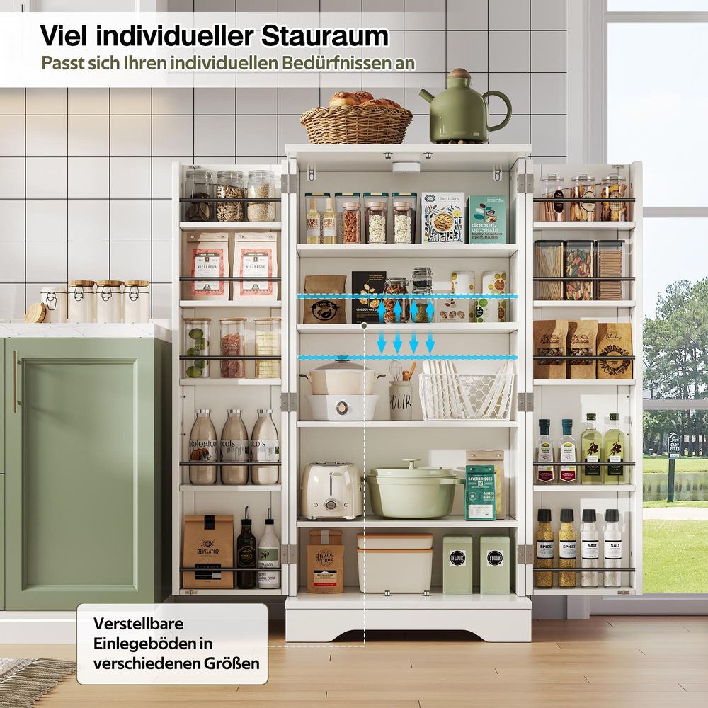Flieks 2-türiger Küche Hochschrank mit LED, Schrank mit verstellbaren Regalböden & Türablagen, Küchenschrank Aufbewahrungsschrank 60x40x120 cm, Weiß