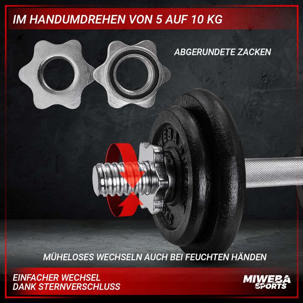 Miweba Sports Kurzhantel MKH110 | inkl. 7,5 kg Gusseisen Gewichte - Stahl Hantelstange - 2x Sternverschluss - 2x 1,25 kg - 2x 2,5 kg - Einzelhantel