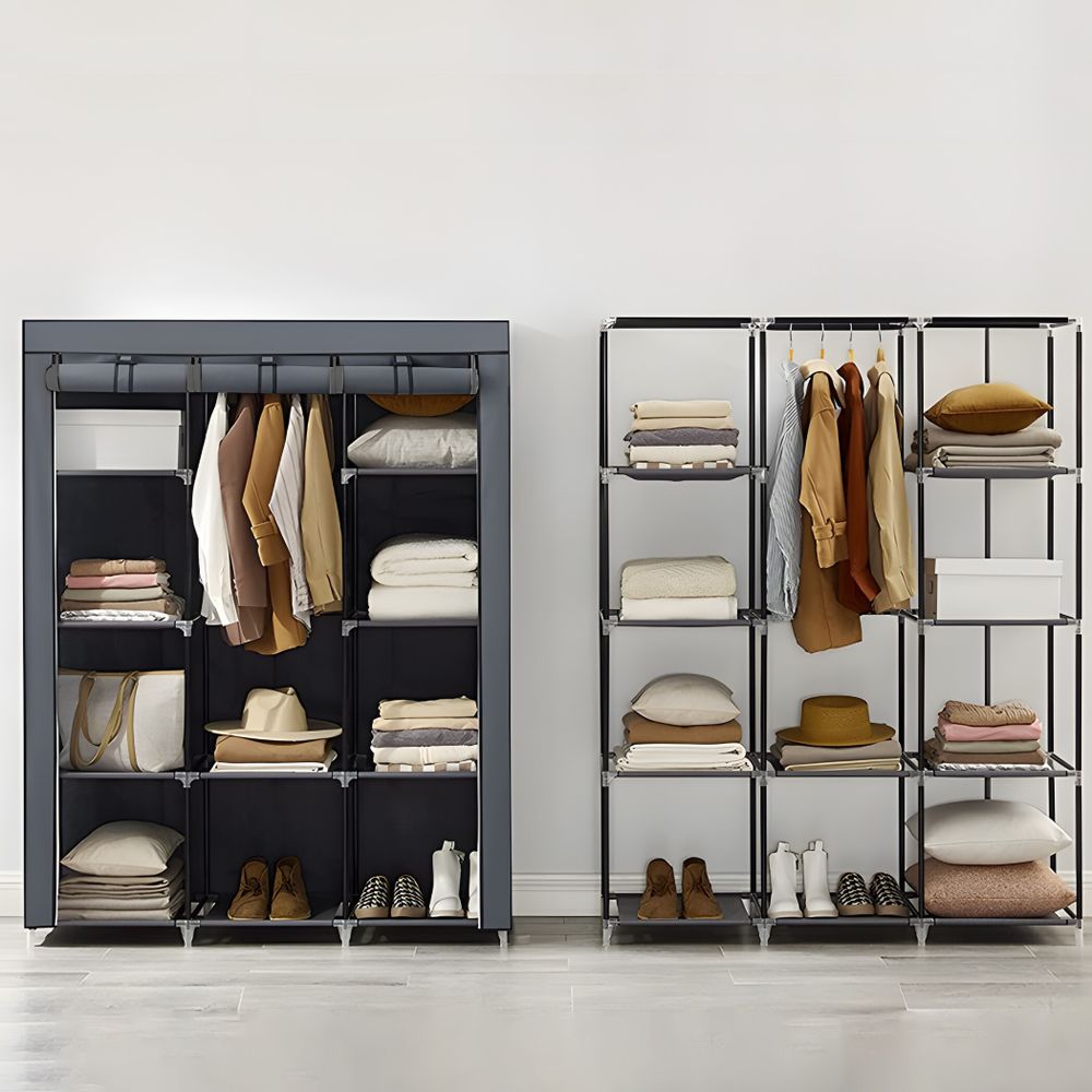 Faltschrank Kleiderschrank aus Stoff mit 2 Kleiderstangen und Ablagen 148x42x172,5 cm Schrank mit Reißverschluss Stoffschrank Faltbar Grau Retoo