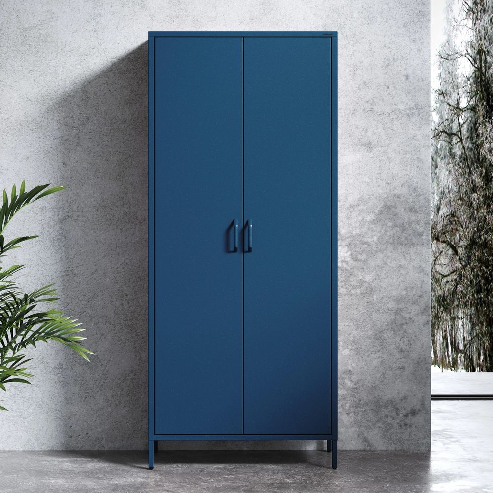 Jan Nowak Garderobenschrank Metall Kleiderschrank 2 Türig Flavio Ablagen Kleiderstange leiser Magnetverschluss geräumig, 80 x 185 x 45 cm, Dunkelblau