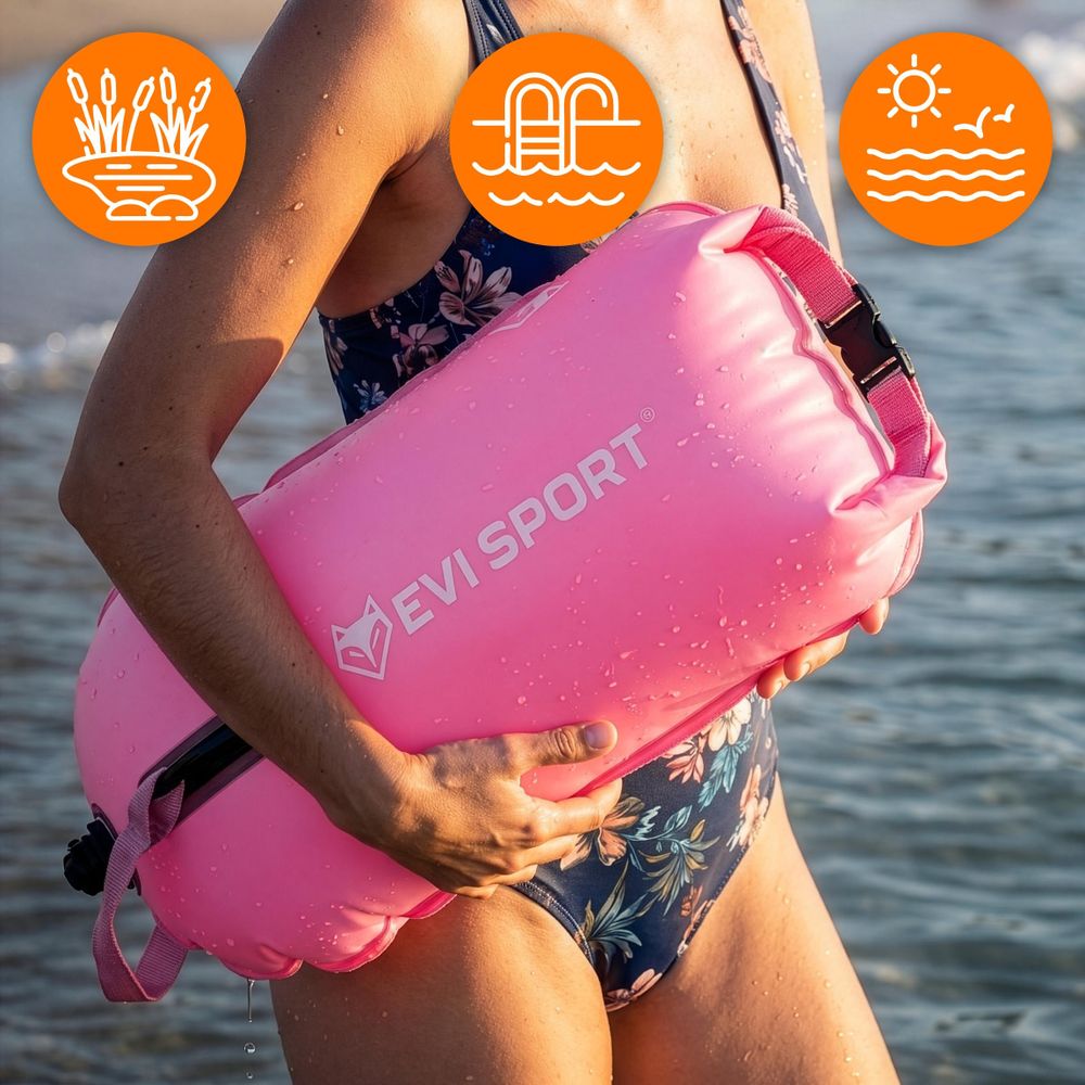 EVI SPORT AquaShield Schwimmboje 20L, Sicherheitsboje mit Trockentasche, Aufblasbar, Verstellbarer Gurt für SUP & Freiwasser, Rosa