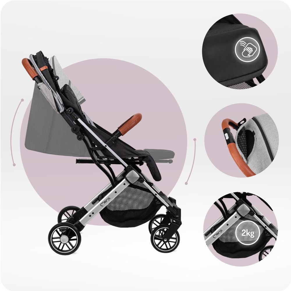 MoMi ESTELLE LIGHT Buggy Kinderwagen - Leicht, Stoßdämpfung 4 Räder, Koffer - Grau/Silber