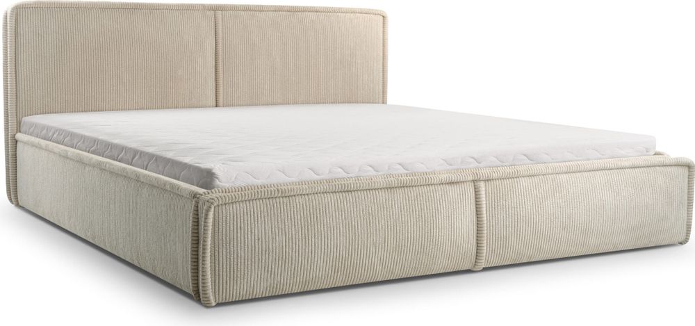MOEBLO Polsterbett Bett 04 – Doppelbett mit Cord Bezug, Kopfstütze, gepolstertes Kopfteil, Rahmenbettgestell, Bettkasten und Lattenrost - 180x200 - Beige (Poso 02)