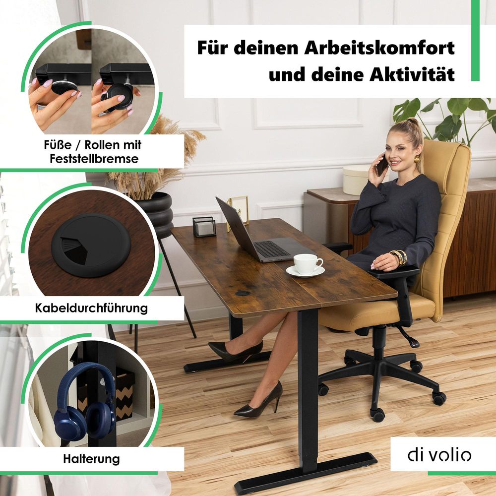 di volio Höhenverstellbarer Schreibtisch Rapalo - braun, 140 x 80 cm, Computertisch fürs Home-Office, elektrischer Bürotisch bis 80 kg belastbar