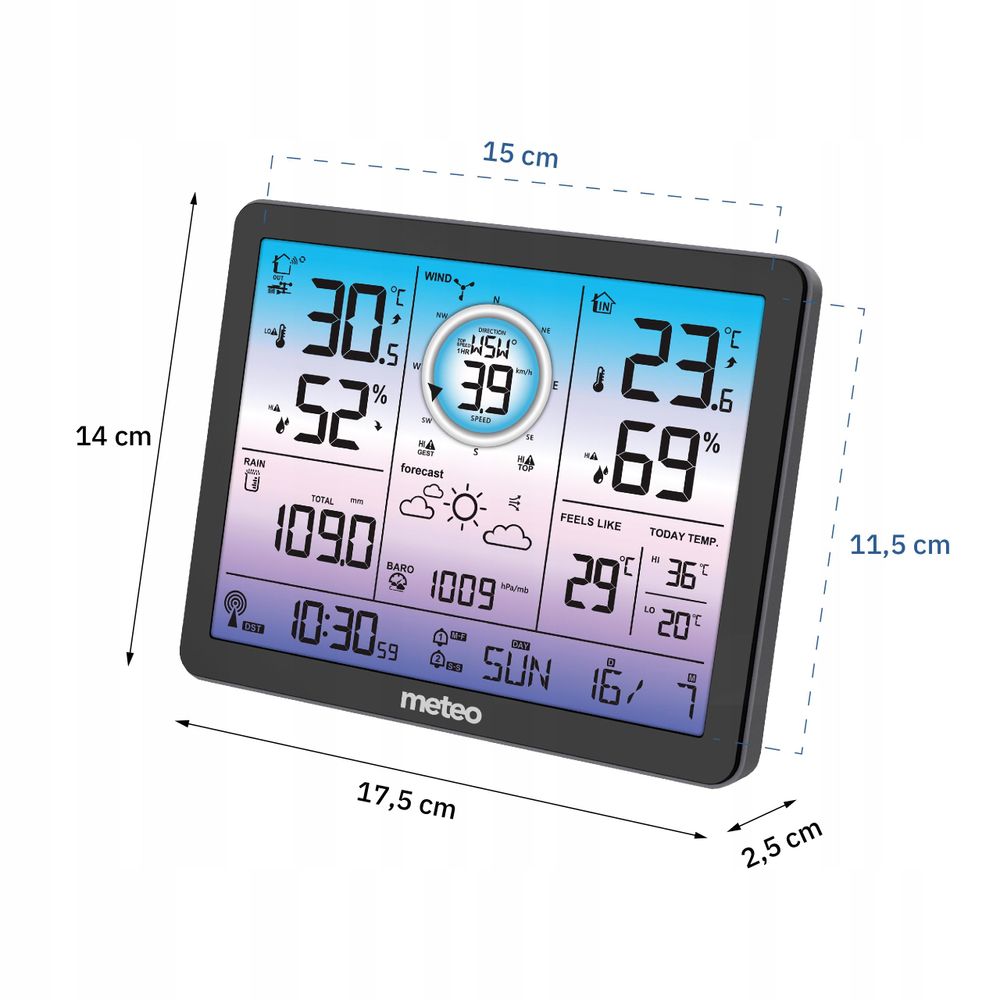 Abmessungen und Stromversorgung der METEO SP600 Wetterstation